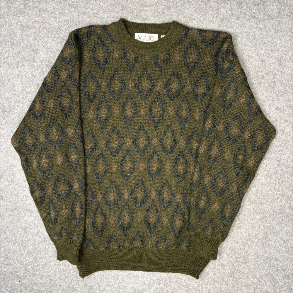 Aggio Vintage Mens Olive Green Mohair Wool Blend Diamond Knit Sweater‎ Large